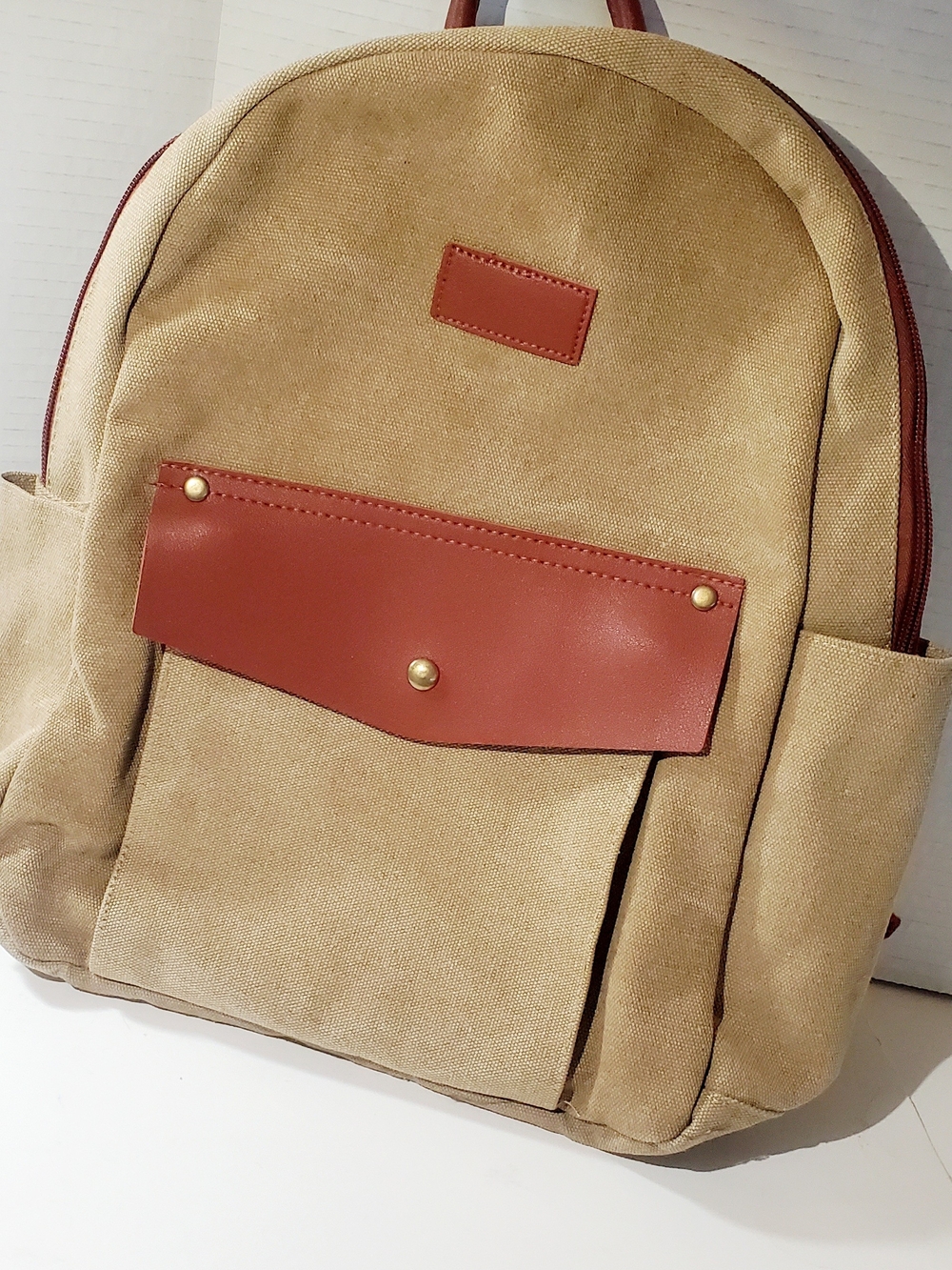 Canvas Backpack with Brown Leather Trim -backpack